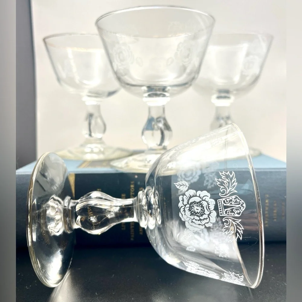 Homer Laughlin 1950’s Queen Esther Rose Floral Etched Sherbert Glasses Set of 4